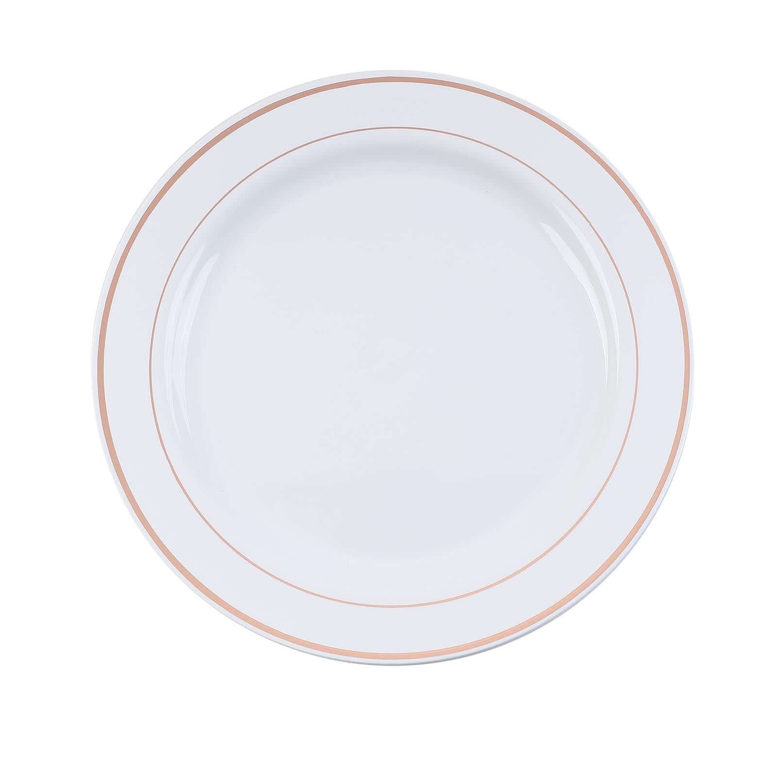 10-Pack Plastic Dinner Plates White with Très Chic Rose Gold Rim - Perfect Disposable Party Plates 10"