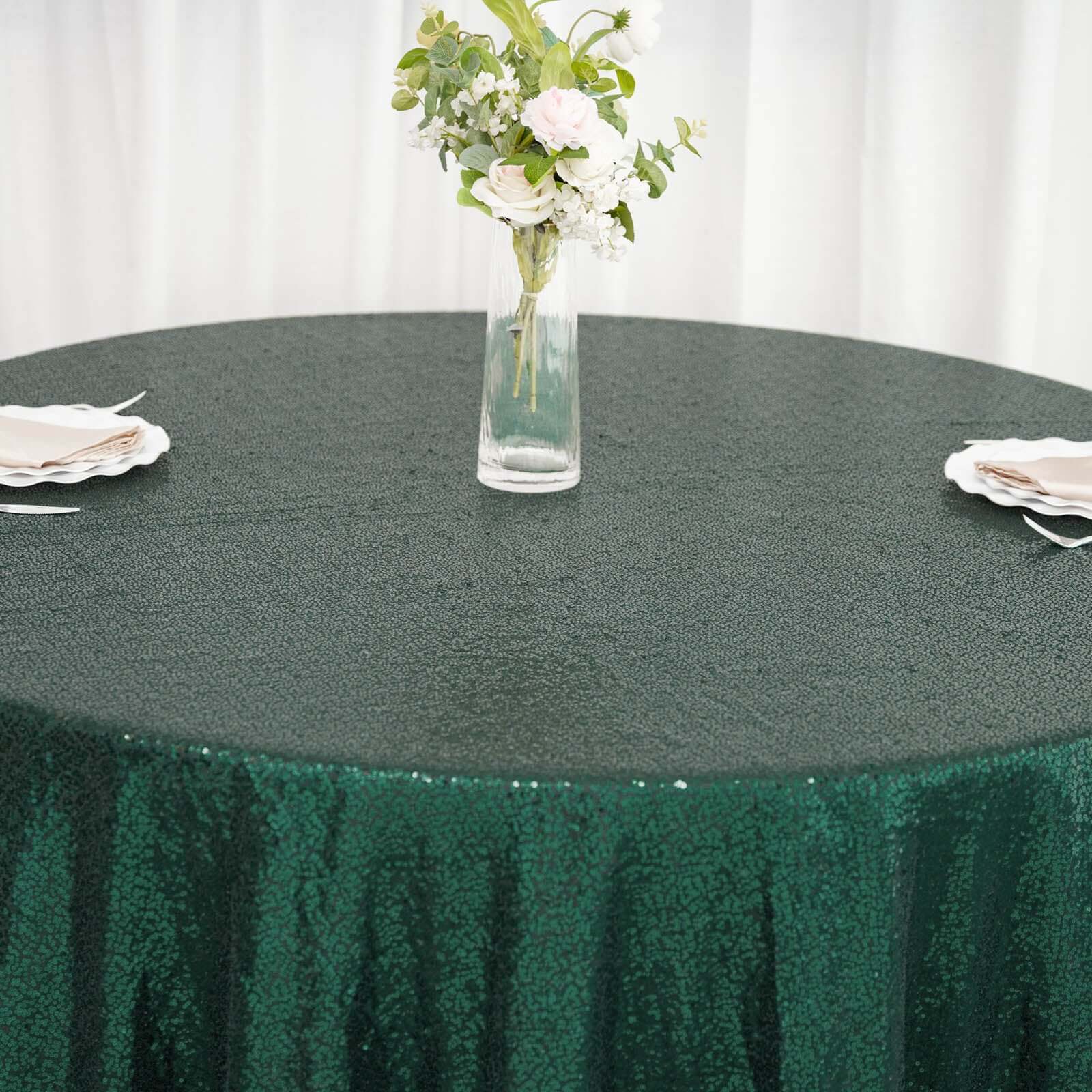 Sequin 120" Round Tablecloth Hunter Emerald Green - Seamless Glittering Table Cover