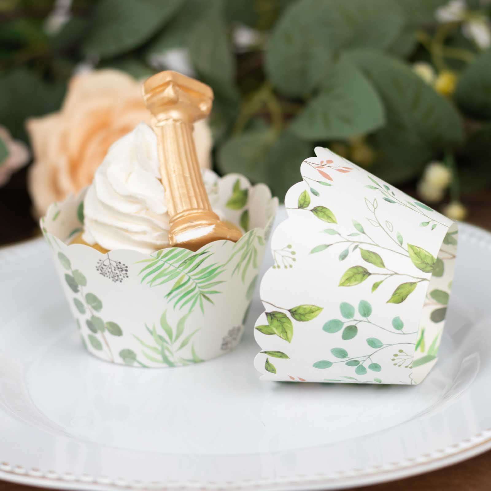 25-Pack Paper Cupcake Wrappers Eucalyptus Leaves Print White Green - Round Muffin Truffle Cup Liners 3"