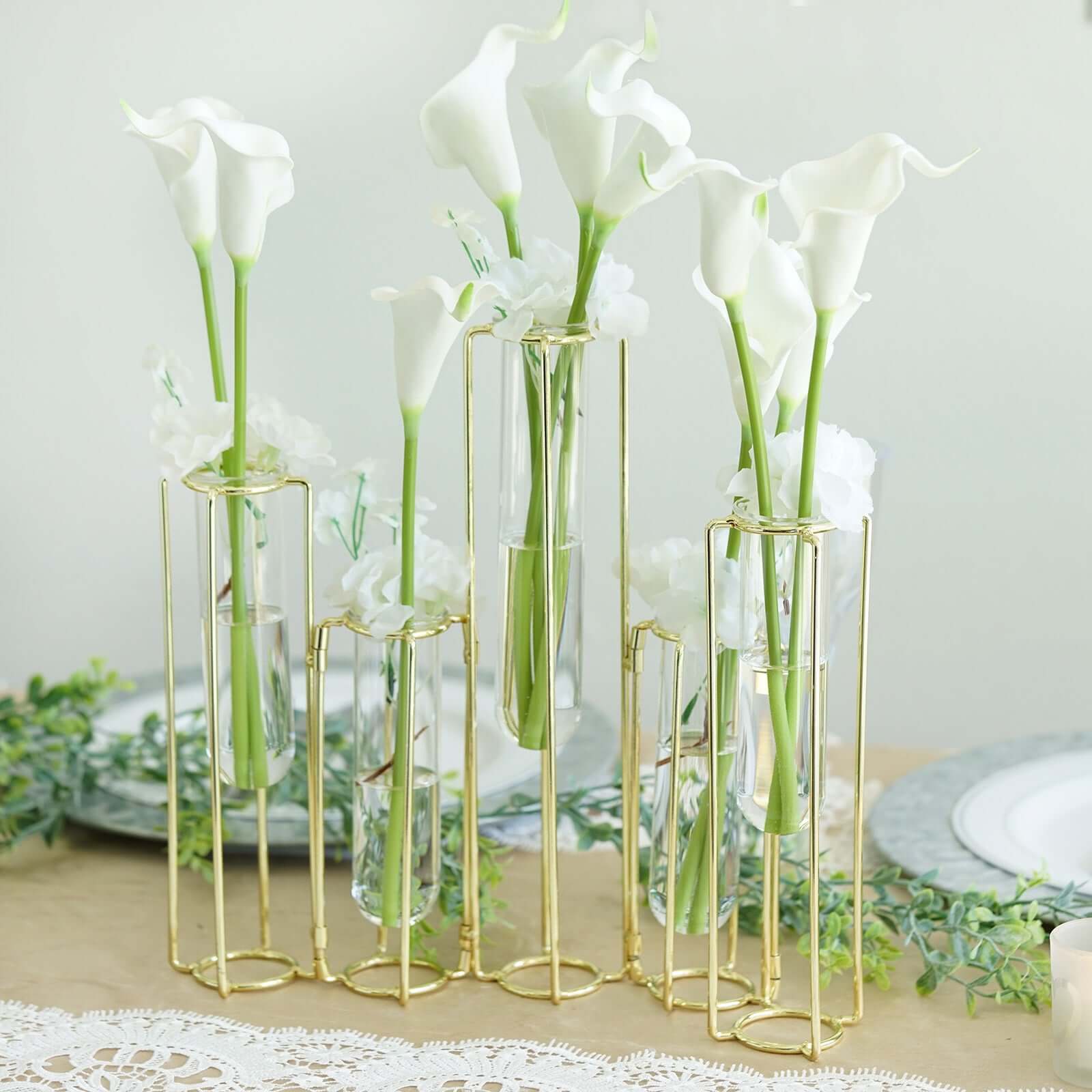 Set of 5 Wedding Centerpieces Gold Frame Conjoined Geometric Design - Test Tube Hydroponic Vases 12"