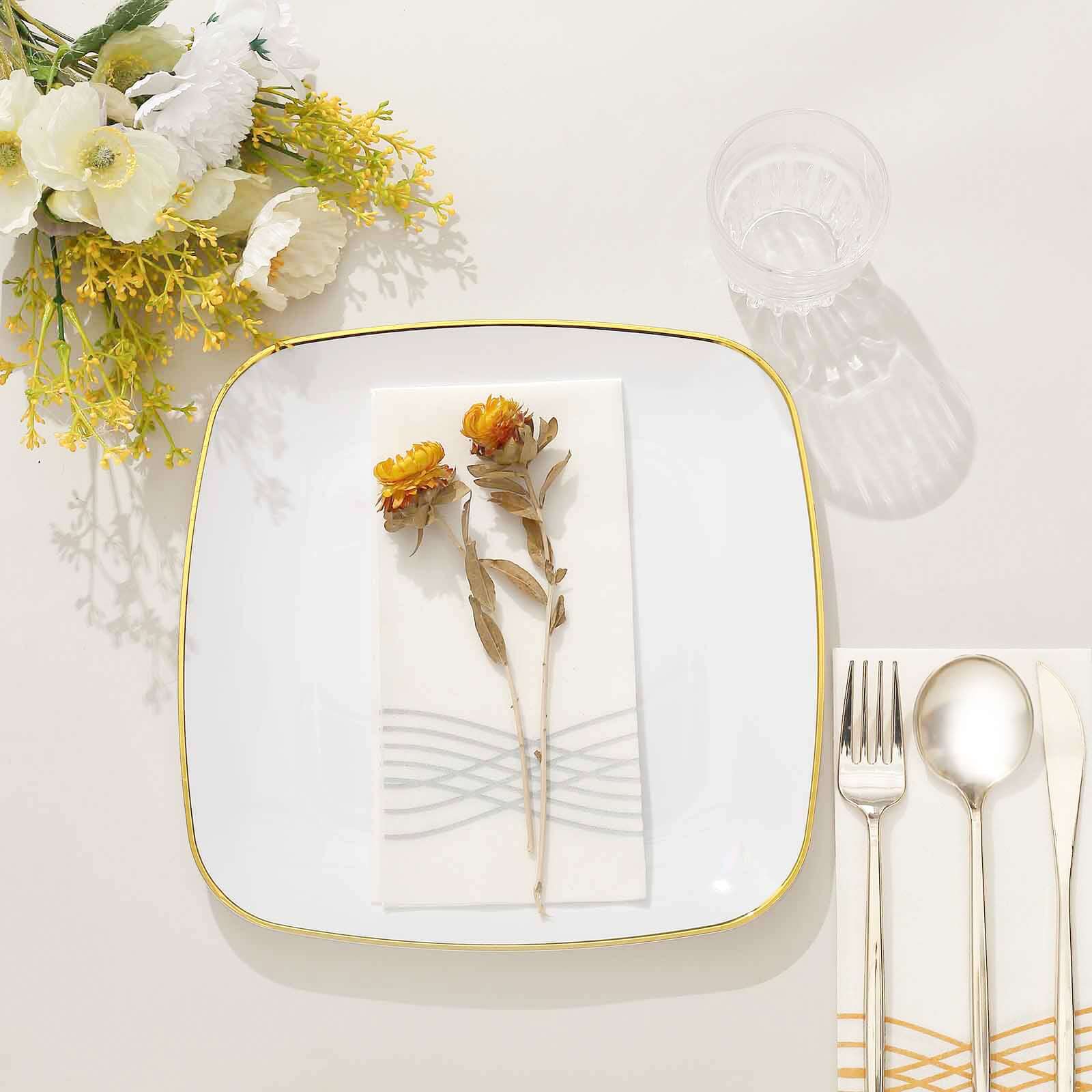 10-Pack Plastic 10" Square Dinner Plates in White with Gold Rim - Classy Disposable Lunch Party Plates for Weddings & Special Events