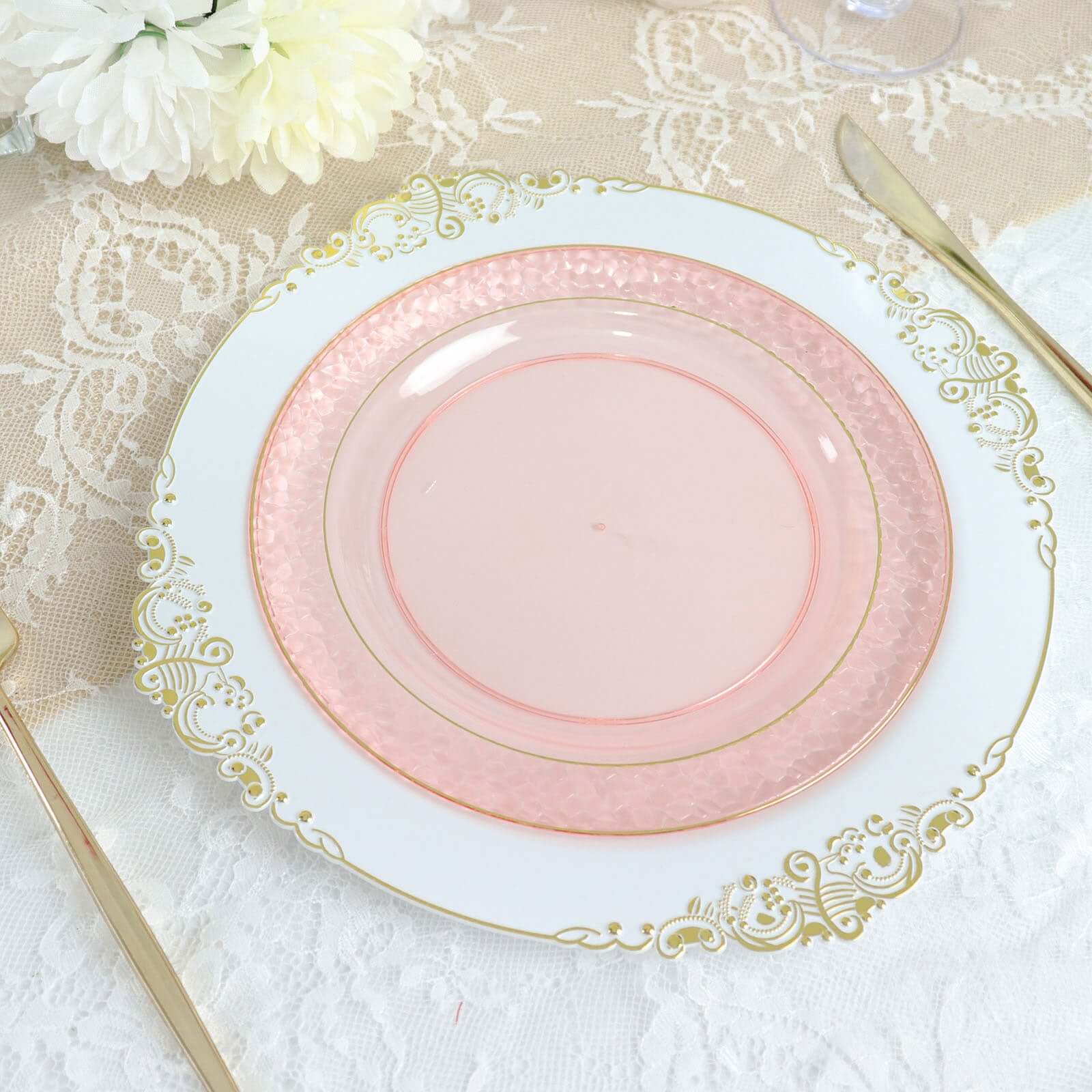 10-Pack Plastic 7.5" Round Appetizer Plates in Blush Hammered Design with Gold Rim - Disposable Salad Plates for Chic Banquets & Special Occasions