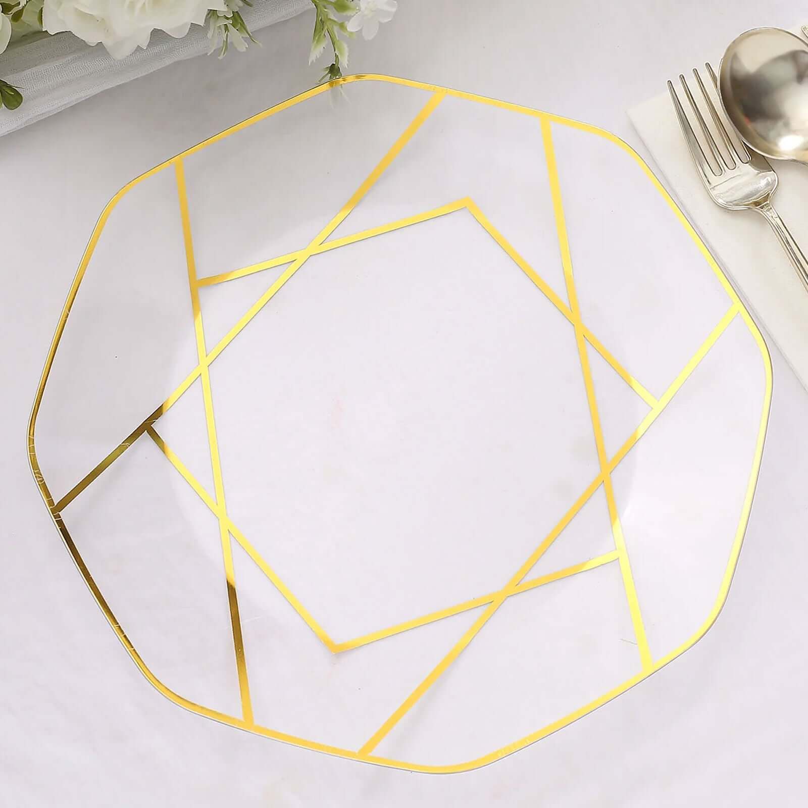 10-Pack Plastic 10" Octagon Dinner Plates in Clear - Modern Disposable Party Plates with Gold Geometric Design for Special Occasions & Celebrations