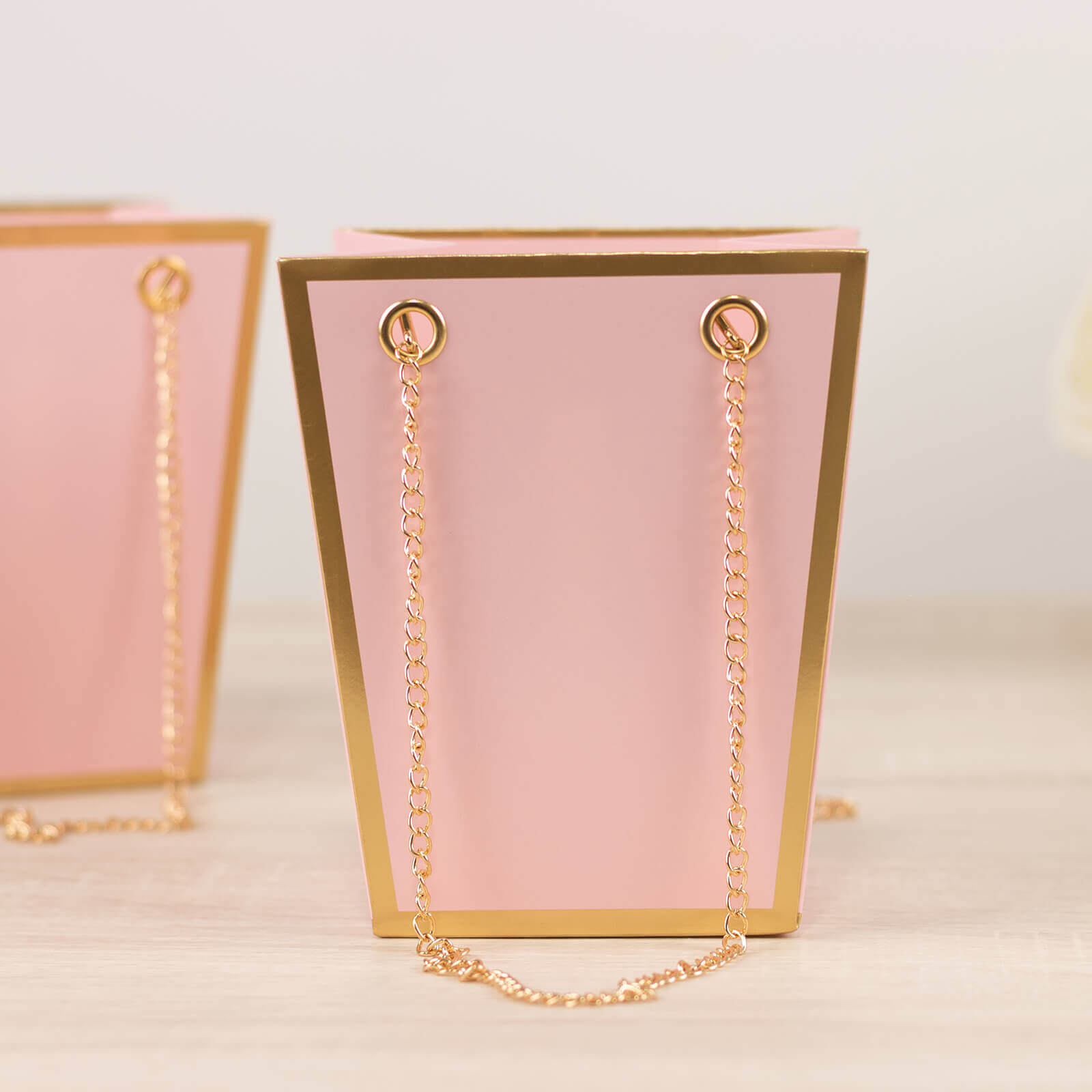 6 Pack Pink Gold Edge Paper Flower Gift Bags With Metal Chain Handles, Trapezoid Party Favor Tote Bags - 5"x6"