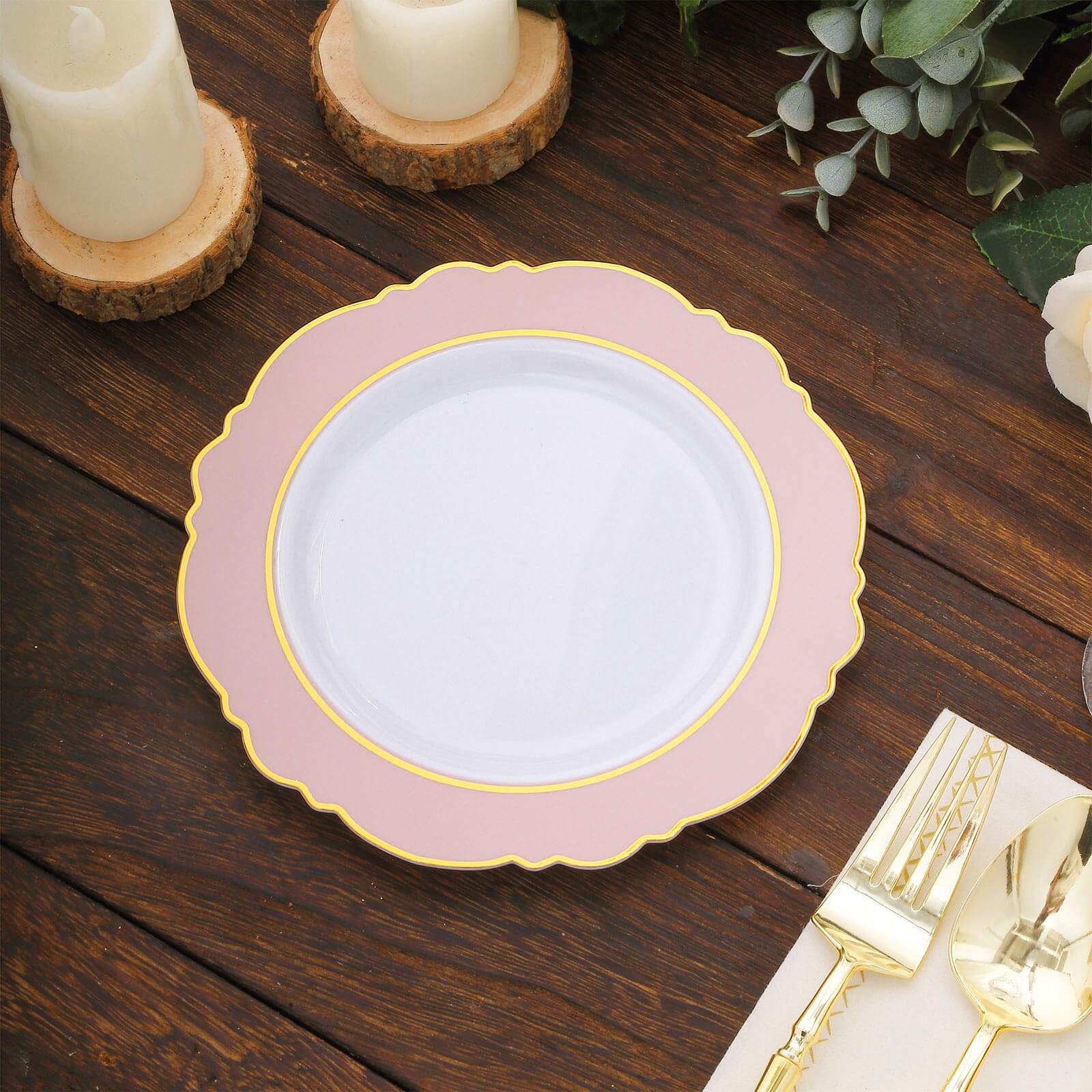 10-Pack Plastic 8" Round Dessert Plates in White with Blush Blossom Design & Gold Edging - Disposable Salad Appetizer Plates