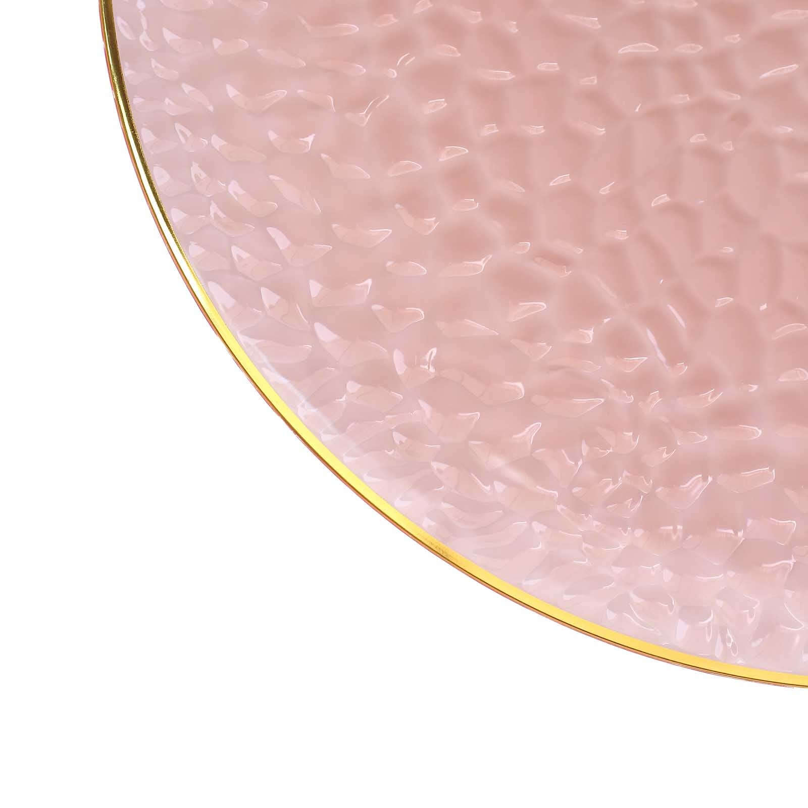 10 Pack Economy Plastic Round Charger Plates 13" in Transparent Blush Hammered Design with Gold Rim, Decorative Dinner Party Serving Plates