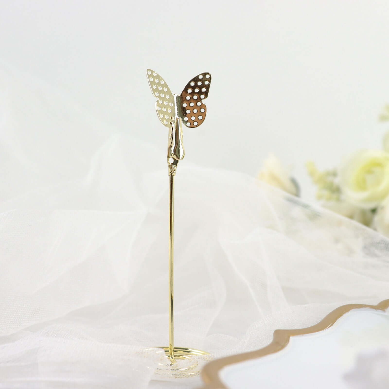 5-Pack Metal Place Card Holders Gold - Modern Table Number Stands with Whimsical Butterfly Clips & Spiral Base for Signs Memos Photos Menus 5"