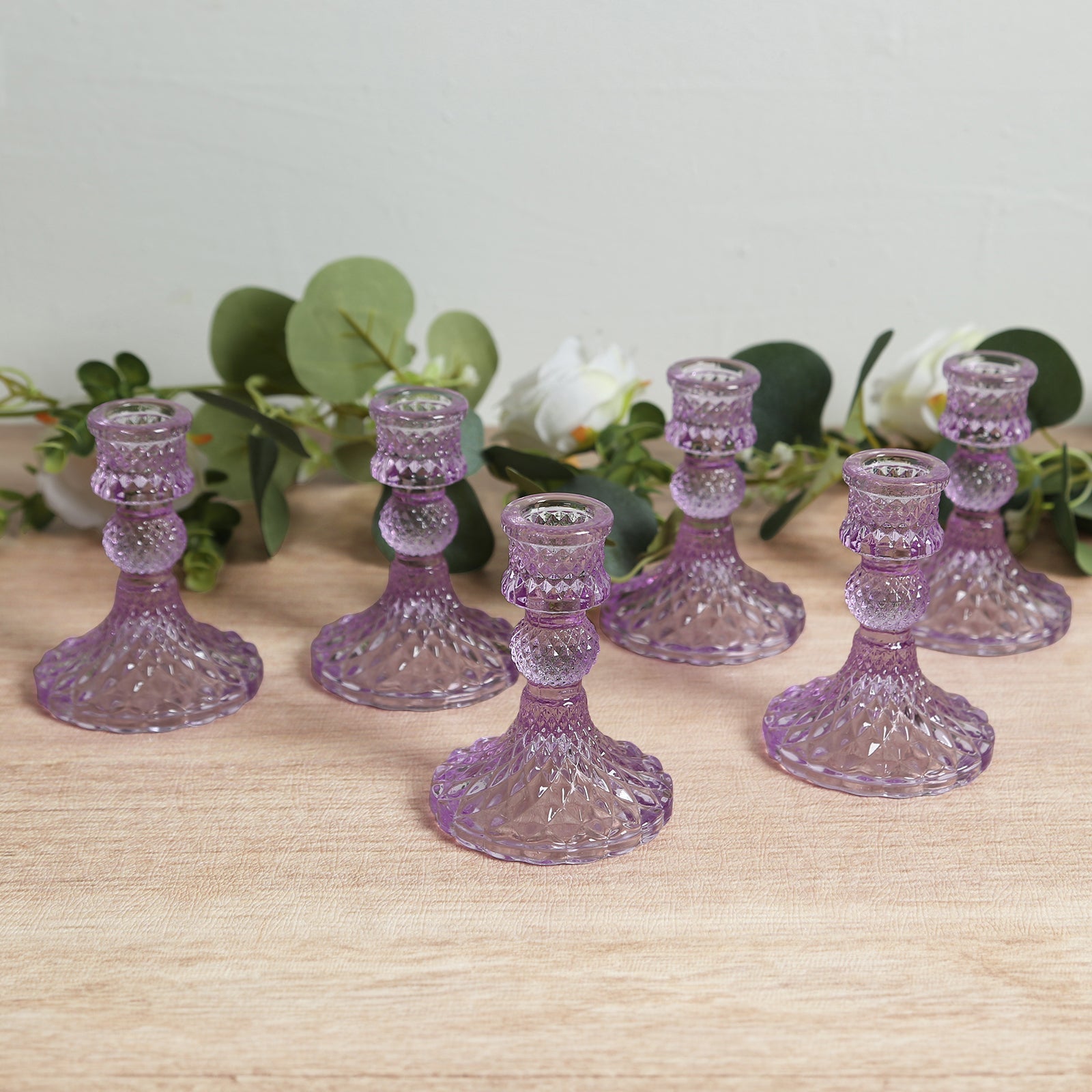 6-Pack Glass Taper Candlestick Holders Diamond Pattern Design Lavender Lilac - Reversible Crystal Pillar Votive Stands 4"