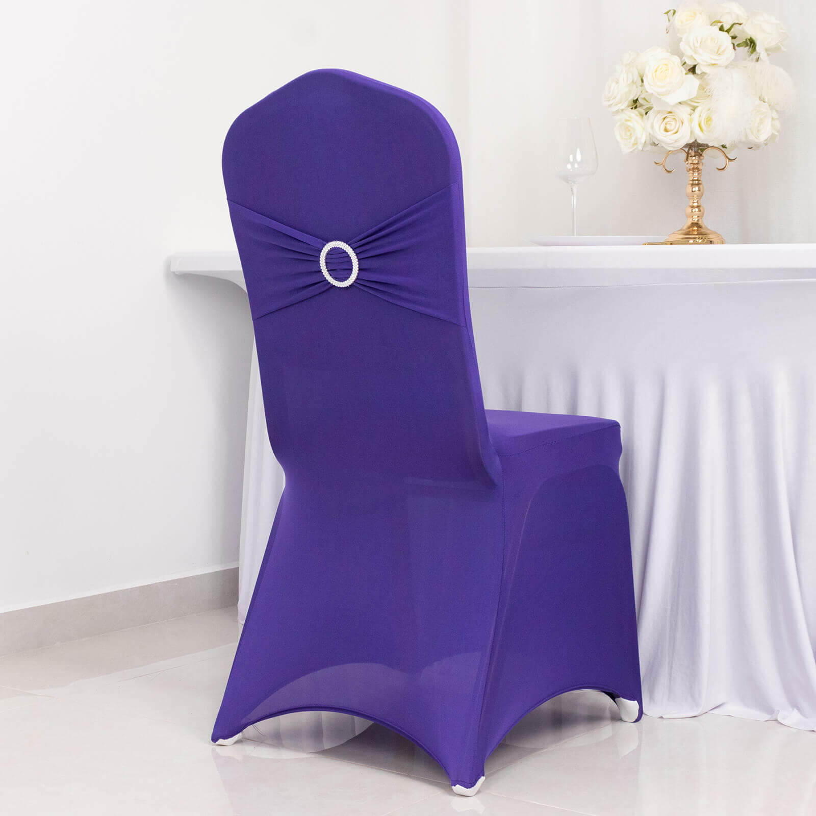 Spandex Chair Cover with Silver Rhinestone Buckled Sash Band Purple - Stretch Fitted Slipcover