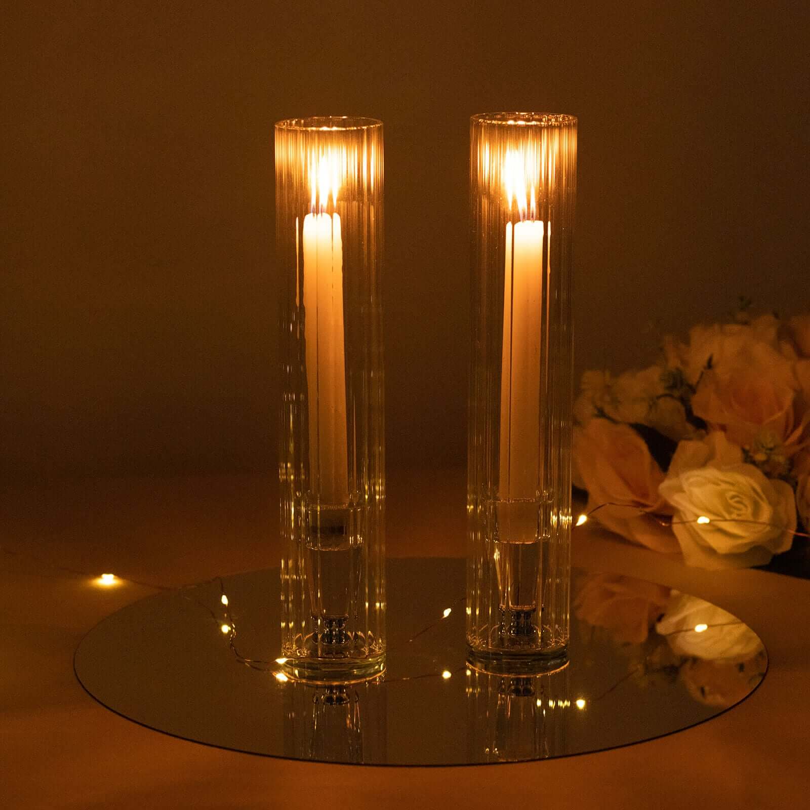 2-Pack Clear Ribbed Glass Hurricane Shades Open End Design - Stylish Candelabra Pillar Candle Holder Table Centerpiece 10"