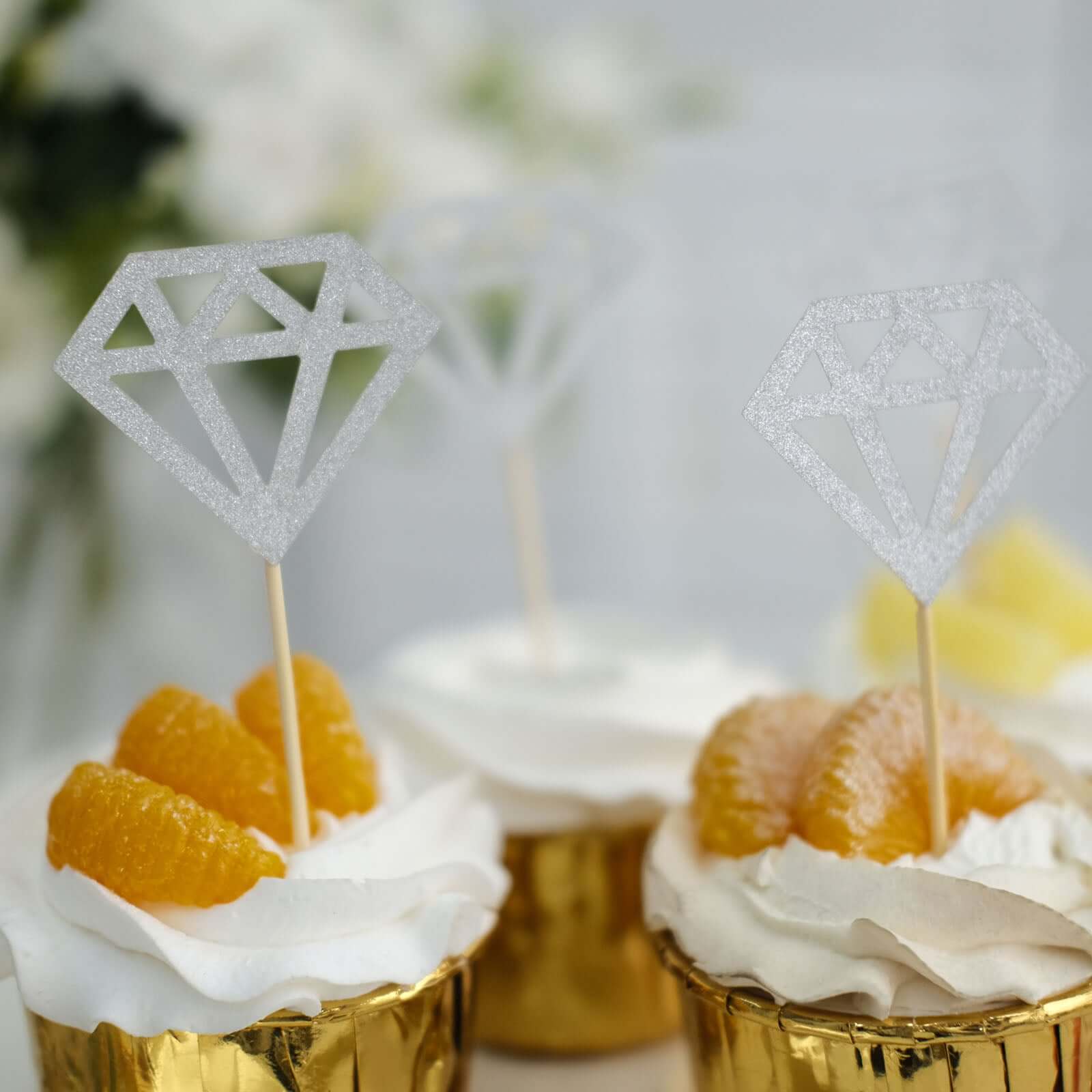 24-Pack Cupcake Toppers Diamond Ring Design Glitter Silver - Party Cake Picks Engagement Decoration Supplies