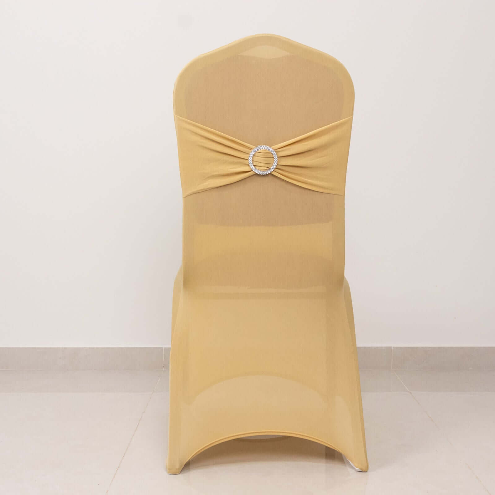 Spandex Chair Cover with Silver Rhinestone Buckled Sash Band Champagne - Stretch Fitted Slipcover