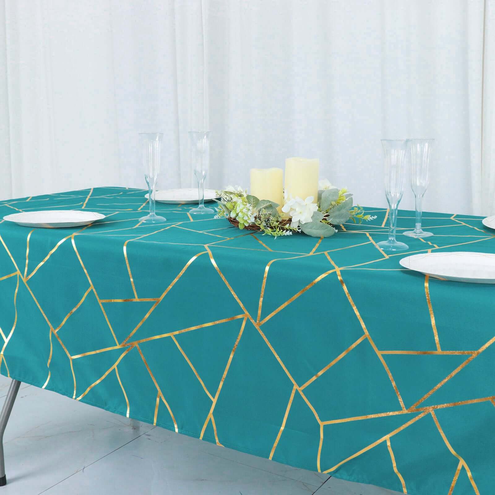 Polyester 60"x102" Rectangle Tablecloth Teal with Gold Foil Geometric Pattern - Wrinkle-Resistant & Durable Table Cover