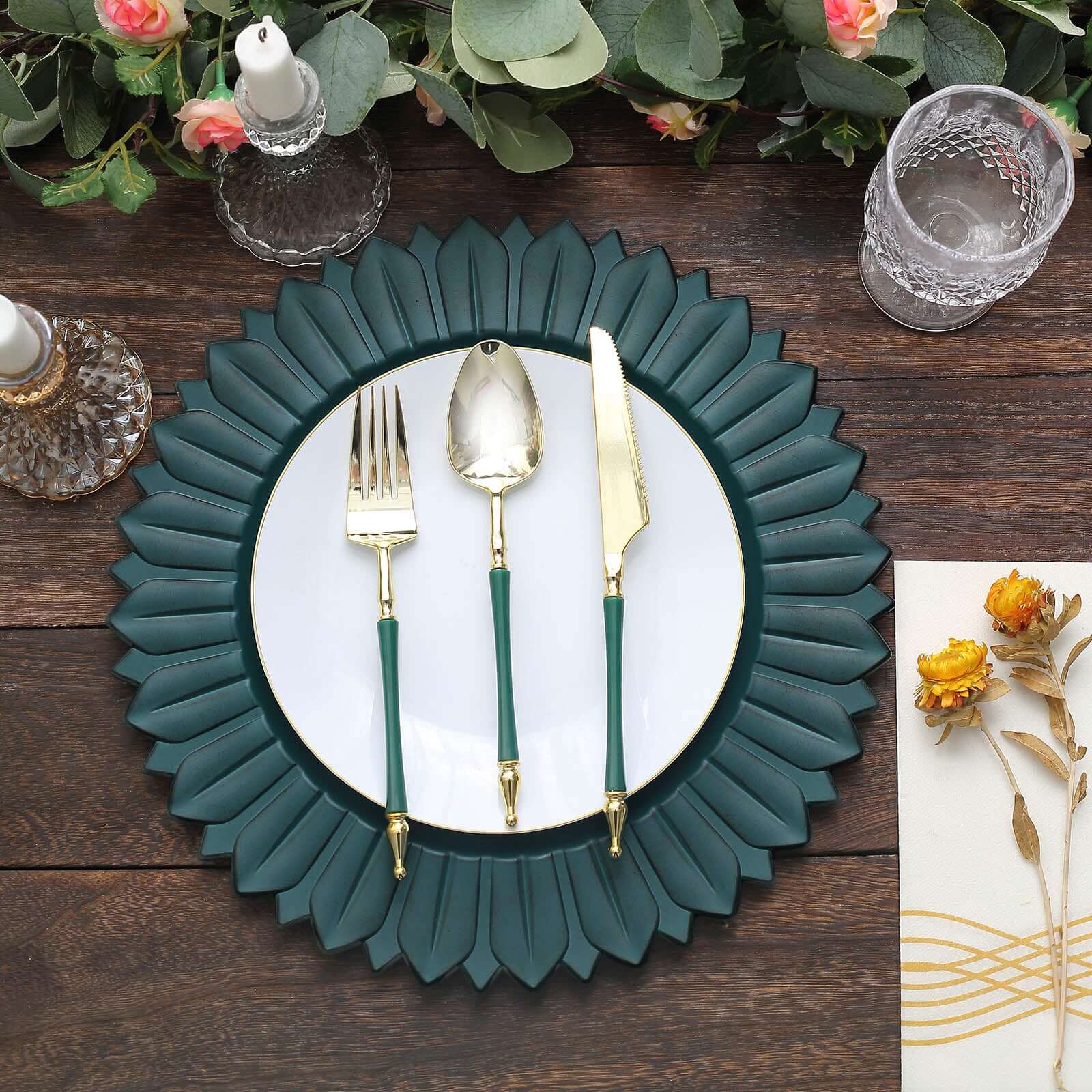 6-Pack Plastic Round Charger Plates 13" in Teal with Sunflower Rim, Matte Finish Disposable Dinner Charger Tableware