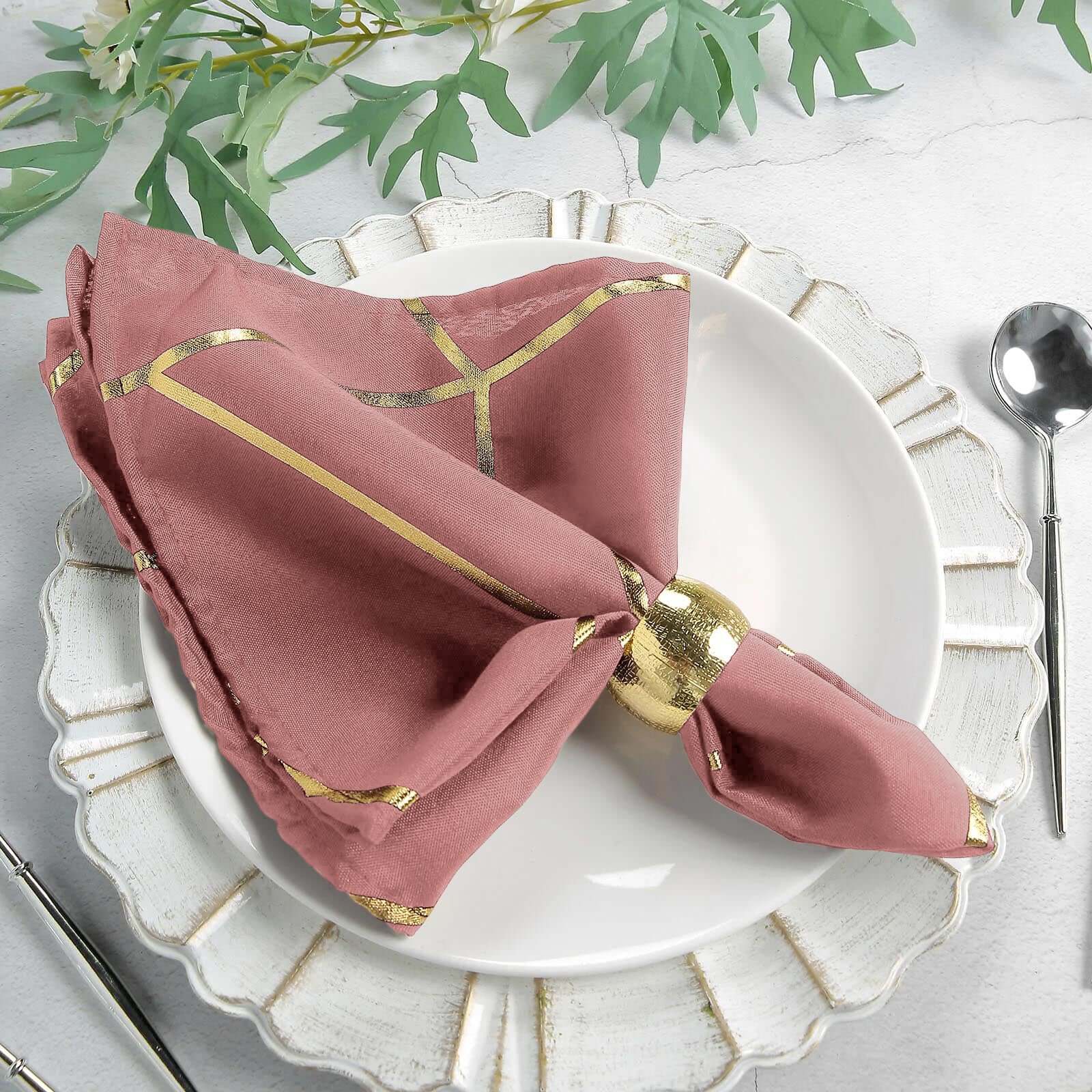 5 Pack Polyester 20"x20" Napkins Cinnamon Rose with Gold Geometric Foil Pattern - Modern Reusable Dinner Napkins