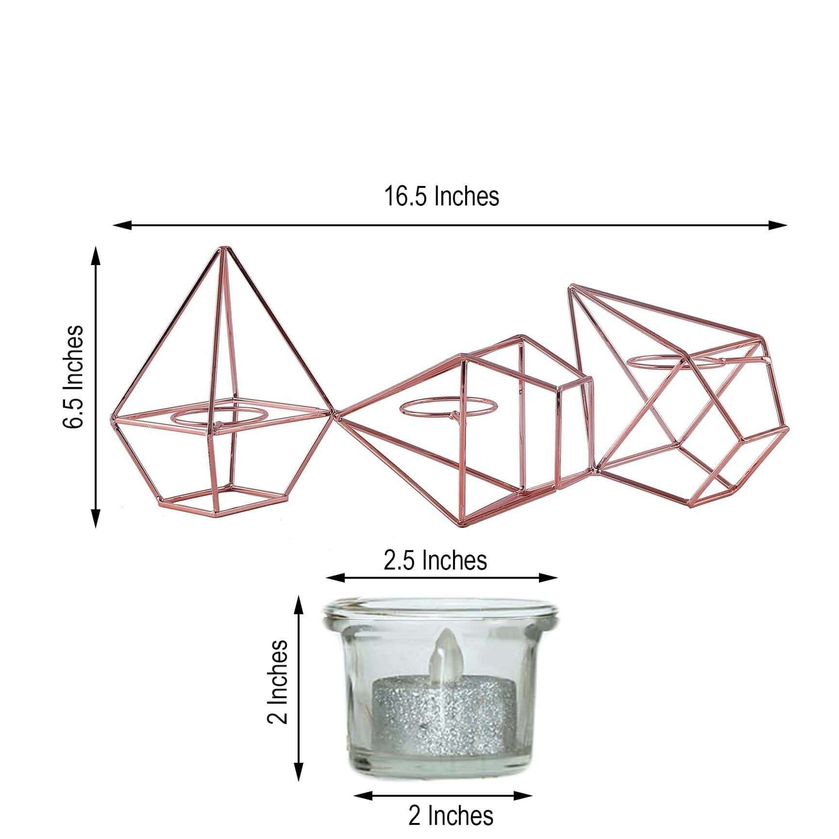 Set of Metal Candle Holders Linked Geometric Design Rose Gold - Modern Votive Glass Decor for Tables & Gatherings 16"