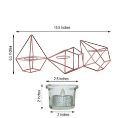 Set of Metal Candle Holders Linked Geometric Design Rose Gold - Modern Votive Glass Decor for Tables & Gatherings 16"