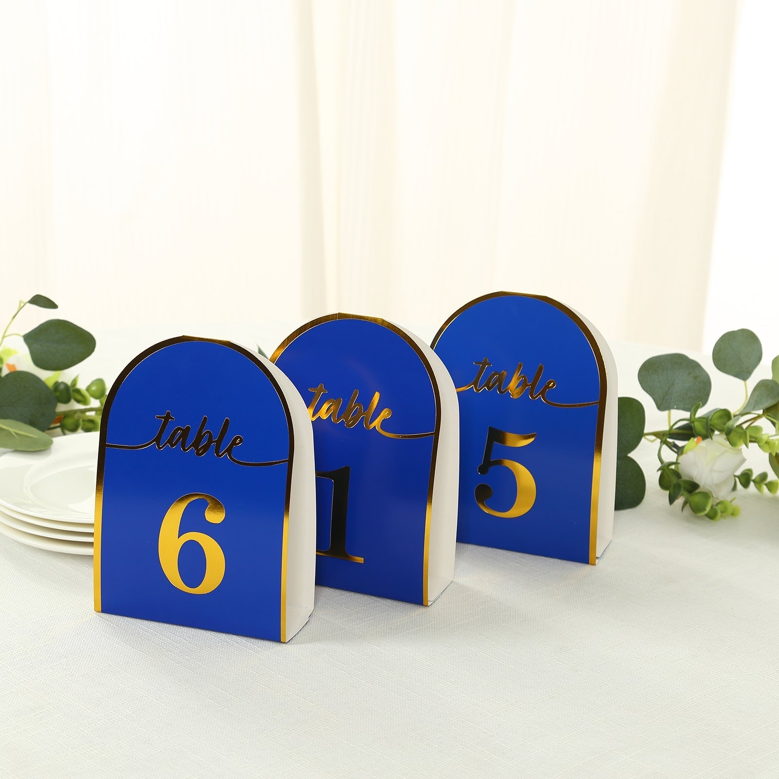 25-Pack 7" Disposable Table Numbers, Royal Blue Free Standing Double Sided Table Number Place Cards with Metallic Gold Foil Numbers 1-25