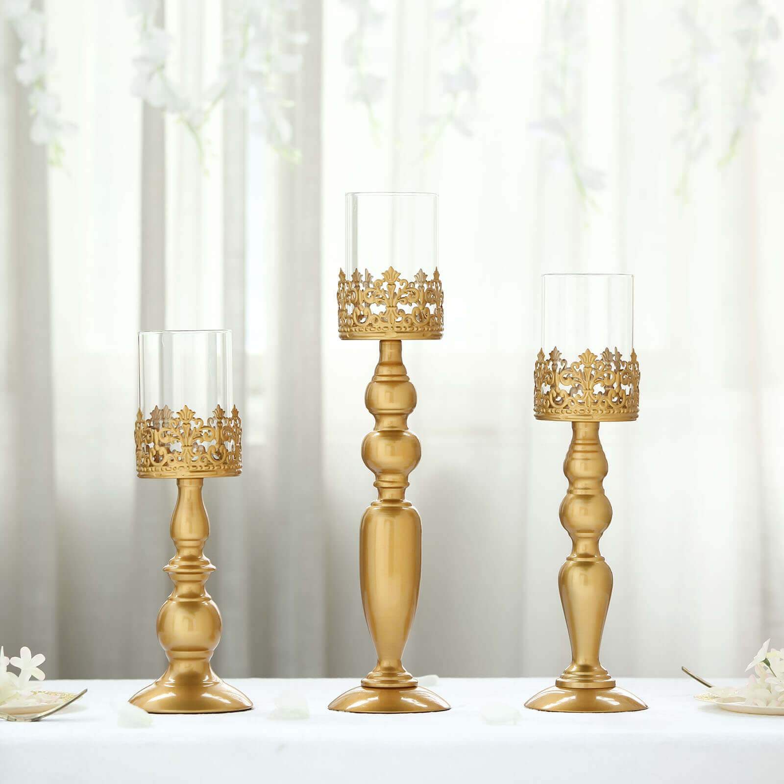 Set of 3 Lace Hurricane Candle Holders Antique Gold with Glass Shades - Chic Pillar Candle Stands 12", 14", 17"