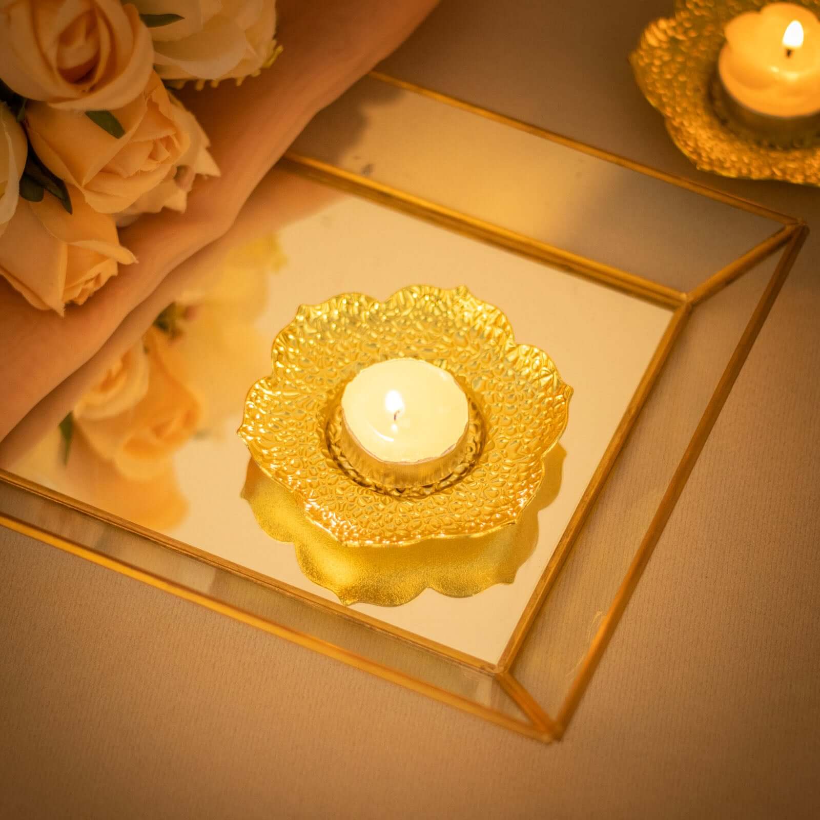 3-Pack Metal Votive Candle Holders Plum Blossom Design Shiny Gold - Vintage Mini Tea Cup Saucers 4"