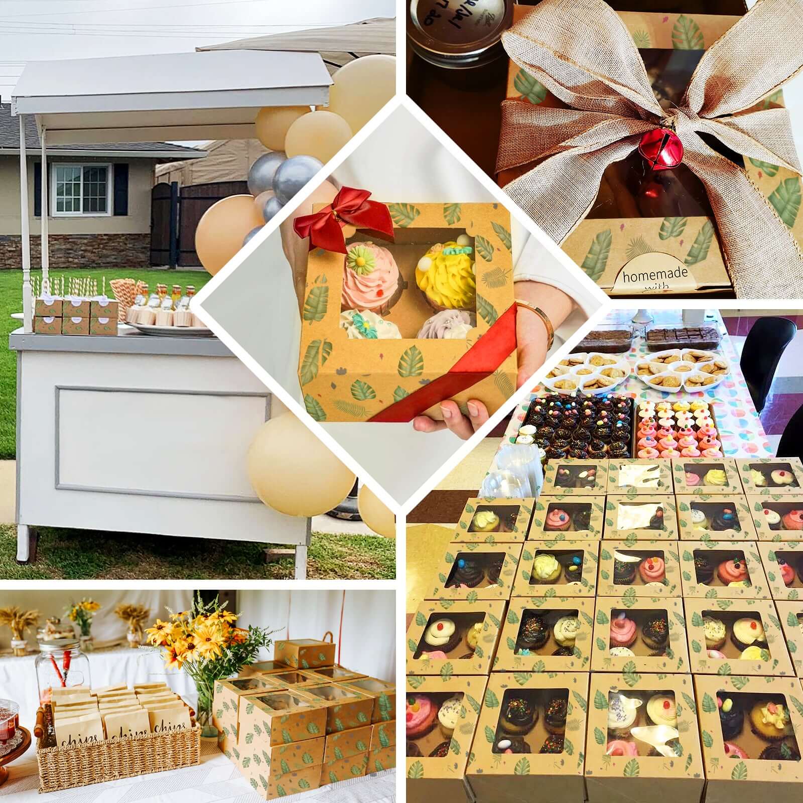 12-Pack Cardstock Cookie Boxes with Display Window - Tropical Leaf Design Disposable Treat Bakery Boxes for Donuts Cupcakes Strawberries & Pastries 6"x6"x3"