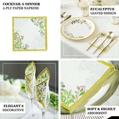 24-Pack Paper Dinner Napkins with Eucalyptus Design White Tropical Greenery 2 Ply - Soft 18GSM Wedding Cocktail Napkins 5"