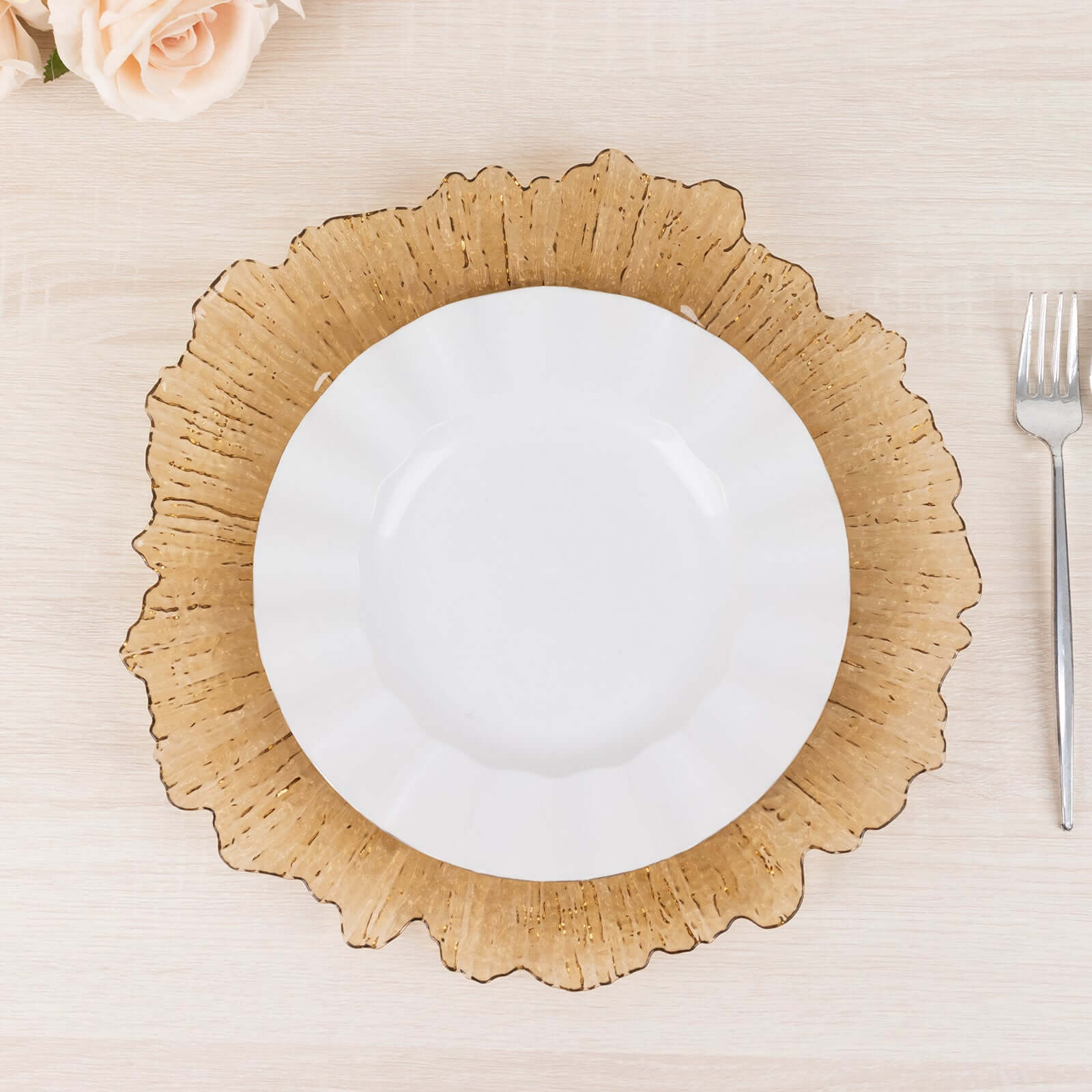 6-Pack Acrylic Plastic Round Charger Plates 13" in Amber Gold with Reef Design, Dinner Charger Tableware