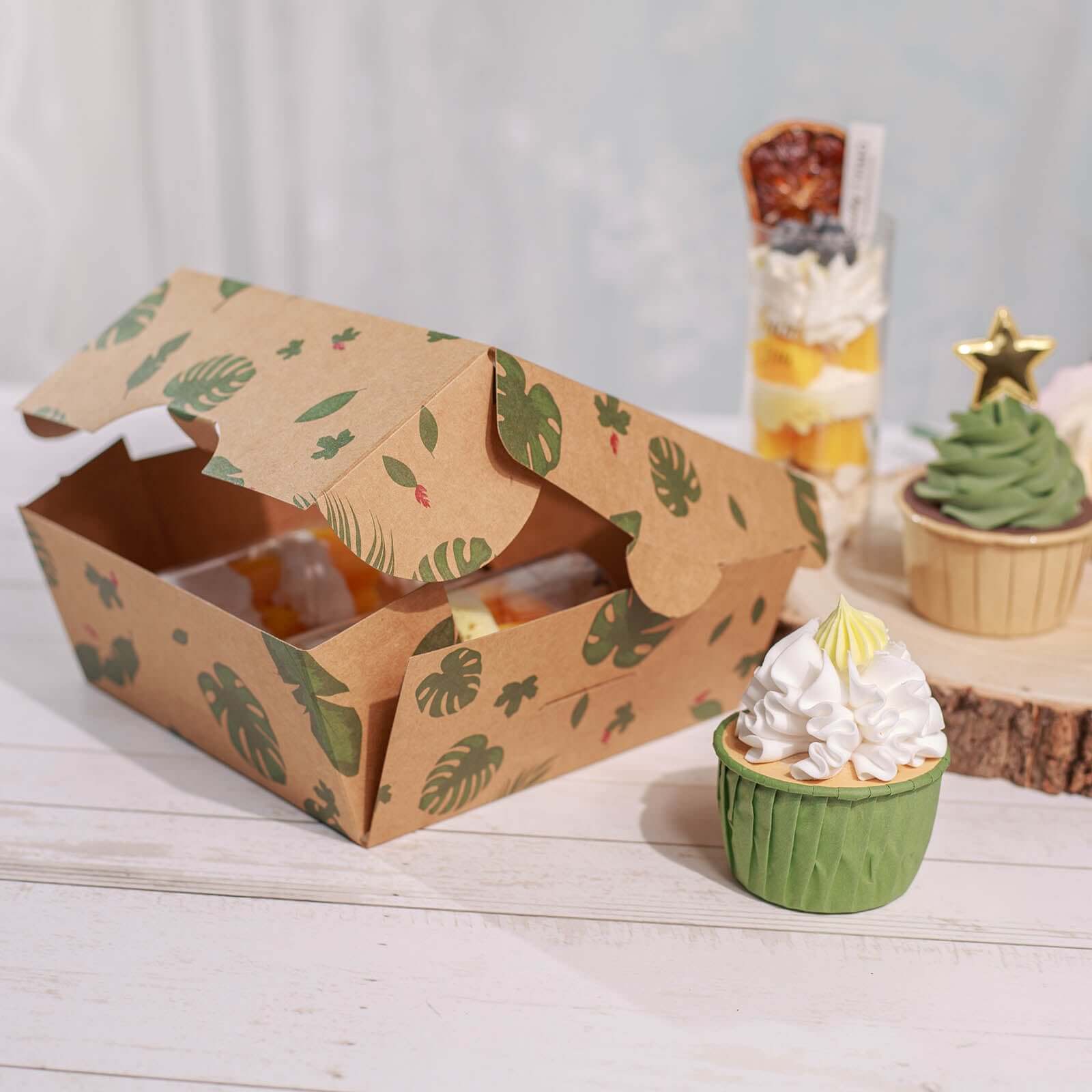 12-Pack Cardstock Cookie Boxes with Display Window - Tropical Leaf Design Disposable Treat Bakery Boxes for Donuts Cupcakes Strawberries & Pastries 6"x6"x3"
