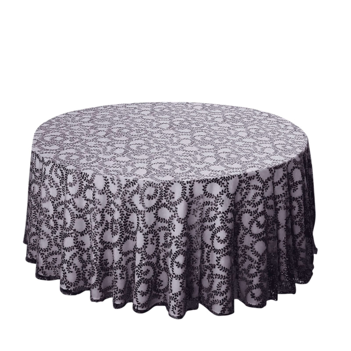 Tulle 120" Round Tablecloth Black - Seamless Sequin Leaf Embroidered Table Cover