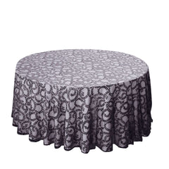 Tulle 120" Round Tablecloth Black - Seamless Sequin Leaf Embroidered Table Cover
