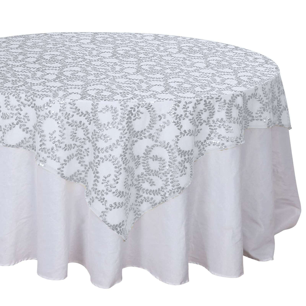 Tulle 72"x72" Table Overlay Square Tablecloth Silver - Sequin Leaf Embroidered Table Topper