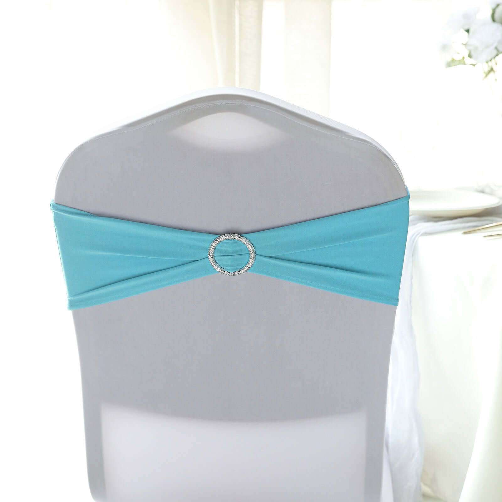 5 Pack Stretch Spandex Chair Sashes Turquoise - Reusable Chair Bands with Silver Diamond Ring Slide Buckle 5"x14"