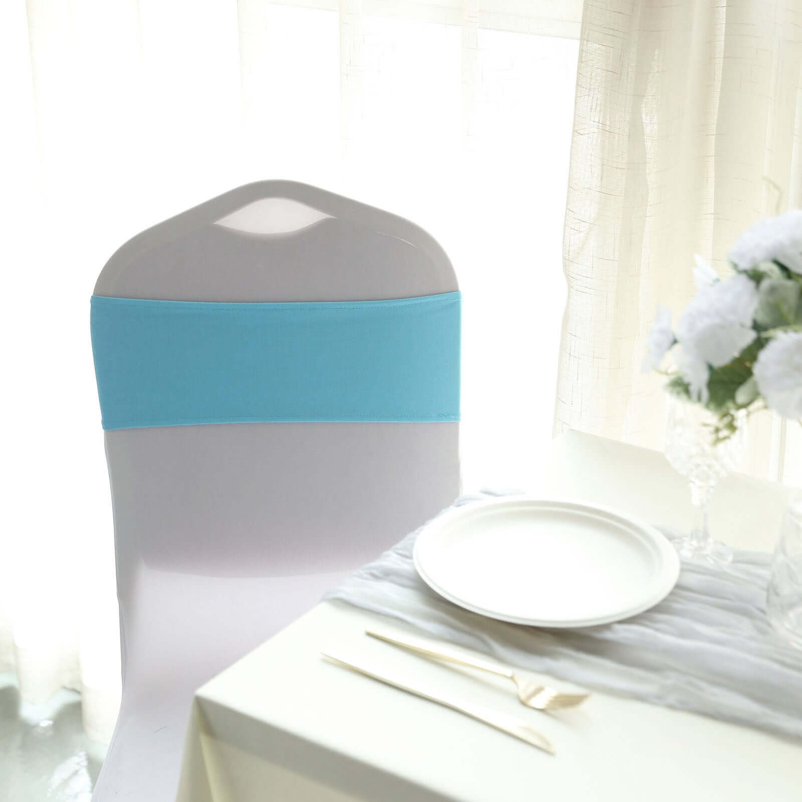 5 Pack Stretch Spandex Chair Sashes Turquoise - Reusable Chair Bands with Silver Diamond Ring Slide Buckle 5"x14"