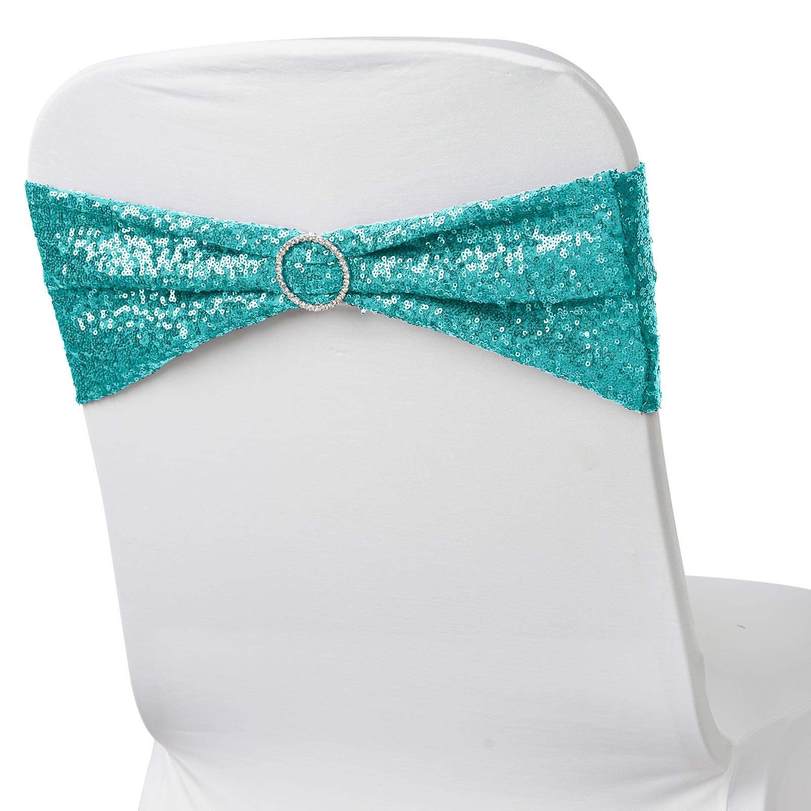 5 Pack Sequin Spandex Chair Sashes Turquoise - Stretch Chair Bands 6"x15"