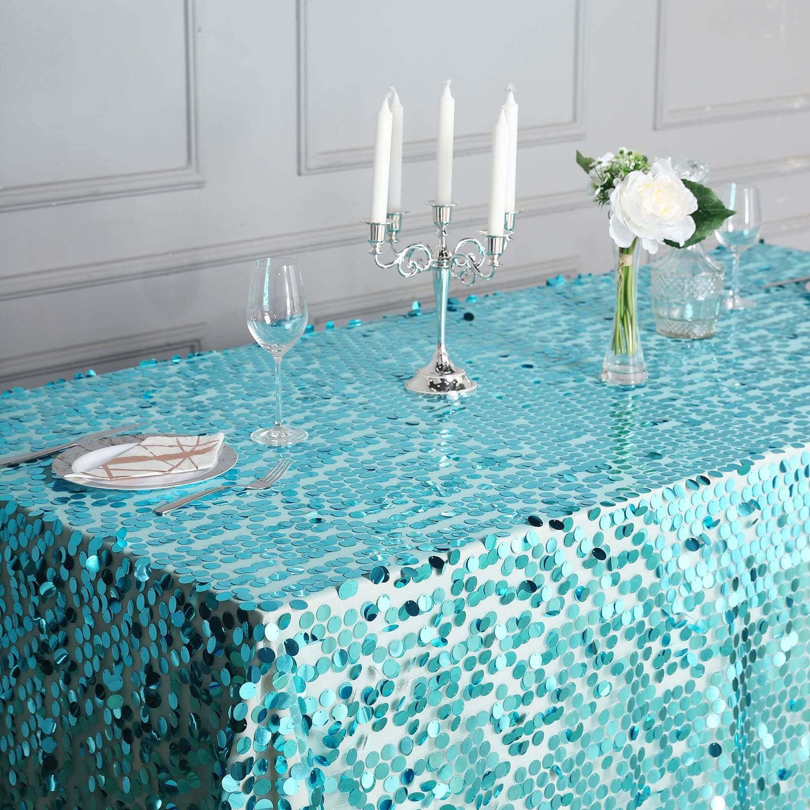 Sequin 90"x132" Rectangle Tablecloth Turquoise - Seamless Big Payette Table Cover