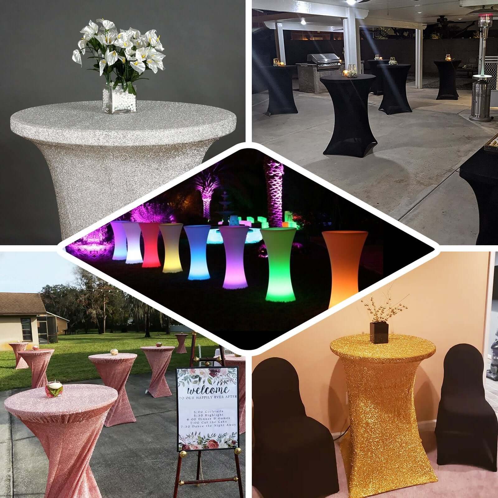 Metallic Spandex 36" Fitted Glitter Round Cocktail Table Cover Gold - Polished Stretch Fit for High Top Tables