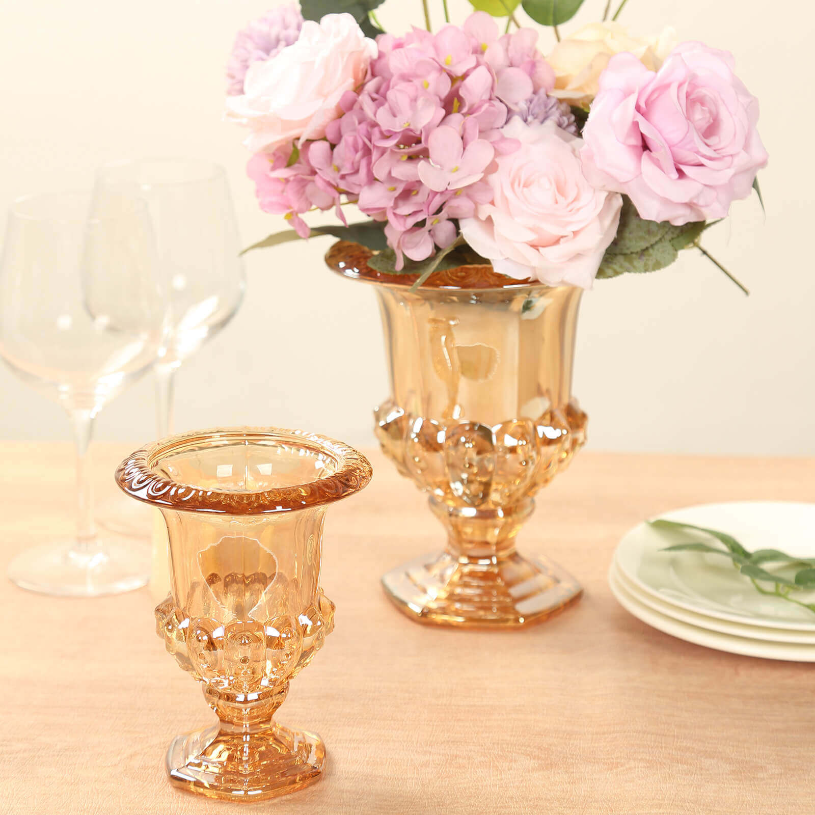 2-Pack Glass Mini Pedestal Flower Vases in Classic Roman Urn Style Amber Gold - Sophisticated Wedding Table Centerpieces 8"