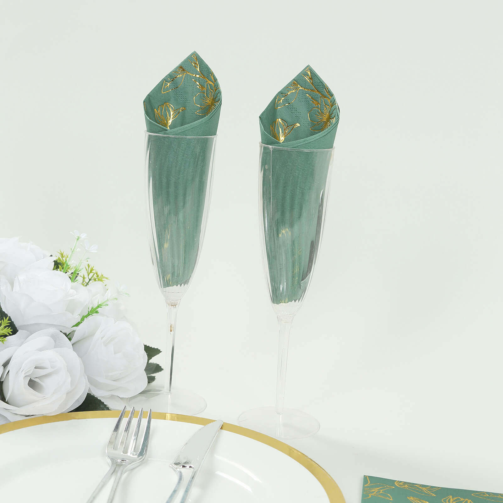 50-Pack Paper Dinner Napkins Dusty Sage Green with Gold Magnolia Flowers Print 2-Ply - Disposable Soft Napkins for Parties