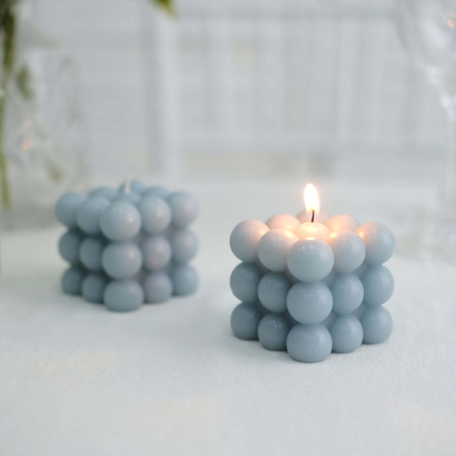 2-Pack Decorative Paraffin Wax Candles Bubble Cube Design Dusty Blue - Unscented Long Burning Pillar Candle Set 2"