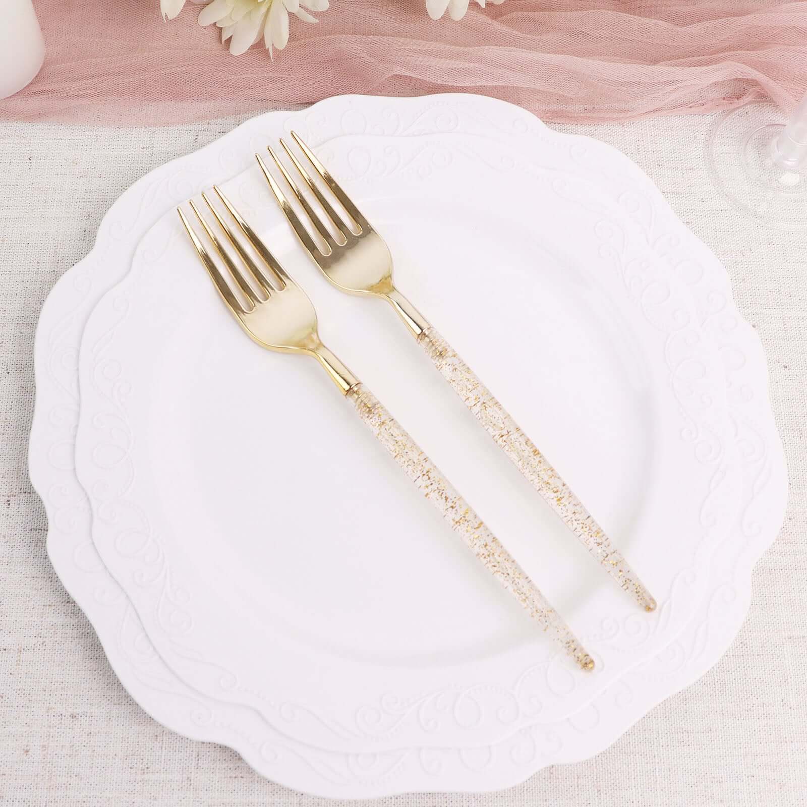 24-Pack Plastic Forks with Gold Glitter - Disposable Silverware Cutlery for Events
