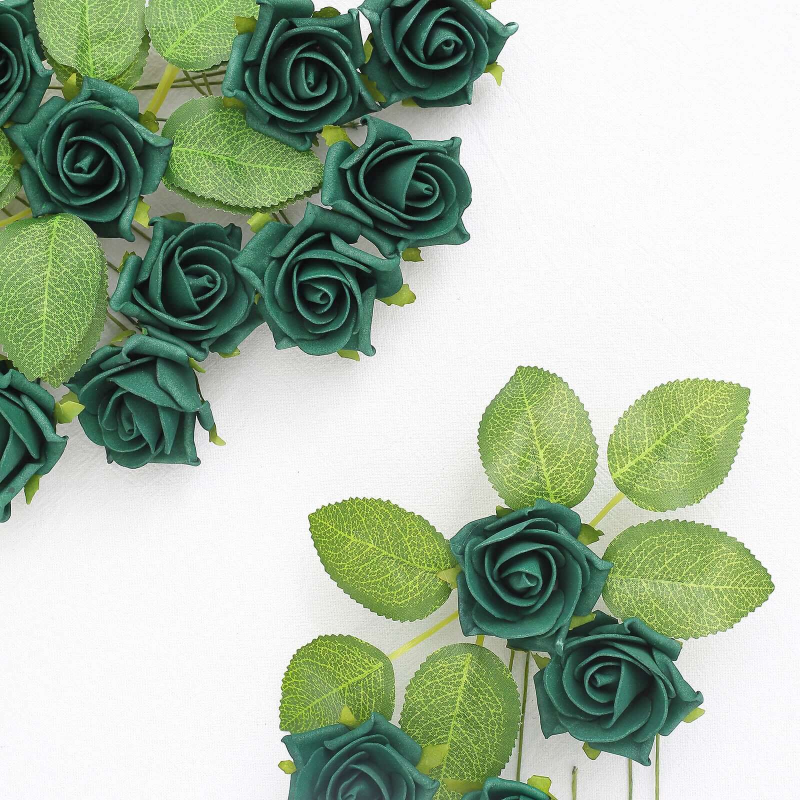 24 Roses 2" Hunter Emerald Green Artificial Foam Flowers With Stem Wire and Leaves