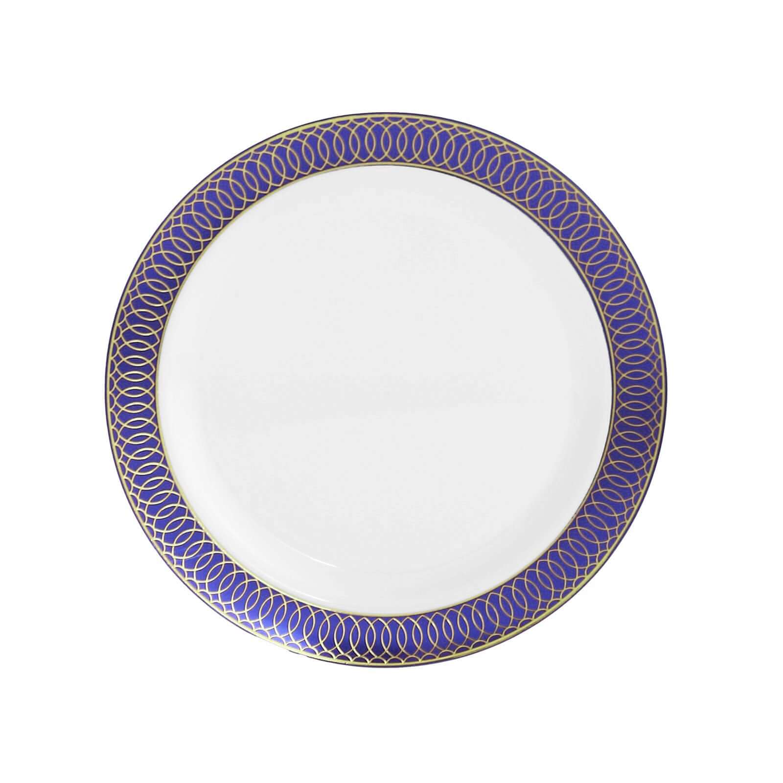 10-Pack Plastic Round Dessert Plates 7" White with Navy Blue Gold Spiral Rim - Disposable Salad Plates