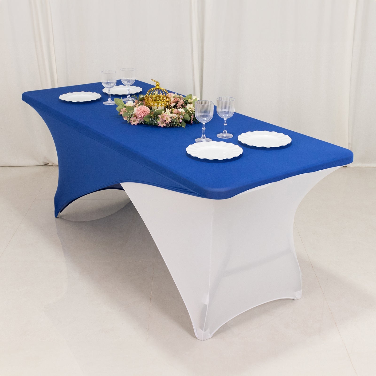 Stretch Spandex 72"x30" Rectangle Table Cover Royal Blue/White Cross Over Design - Two-Piece Fitted Tablecloth with Elastic Foot Pockets