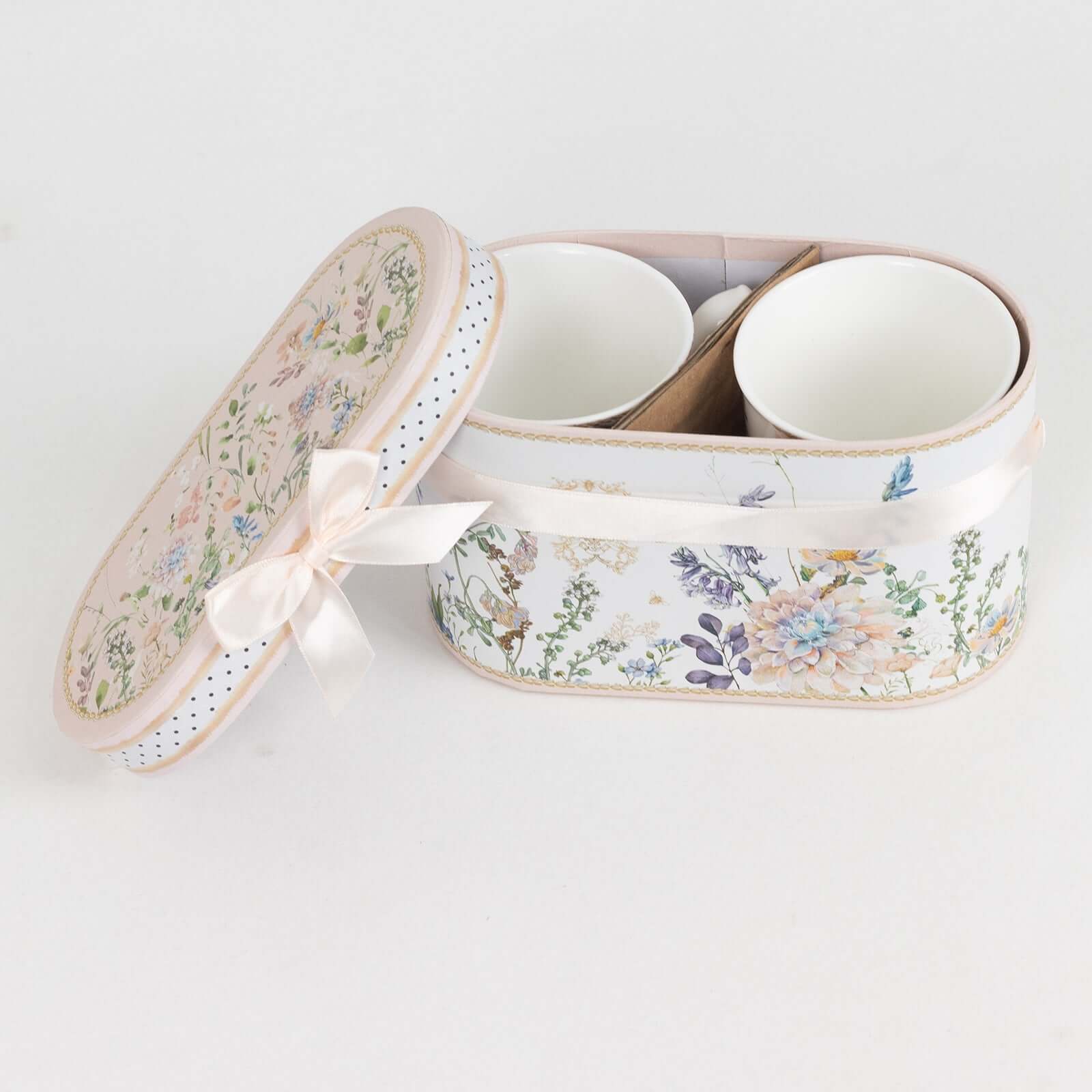 Blush Floral Design Bridal Shower Gift Set, 2 Pack Porcelain Tea Cups With Matching Keepsake Gift Box and Satin Ribbon Handle