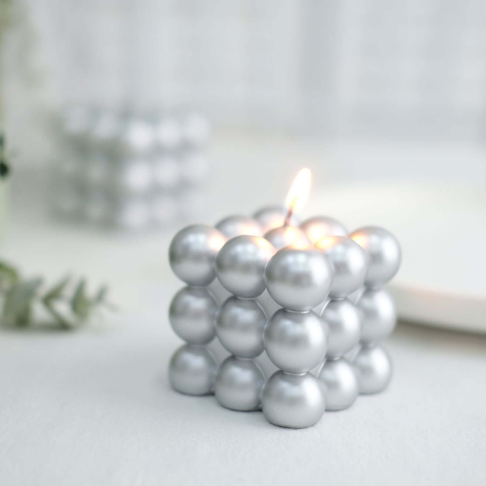 2-Pack Decorative Paraffin Wax Candles Bubble Cube Design Metallic Silver - Unscented Long Burning Pillar Candle Set 2"