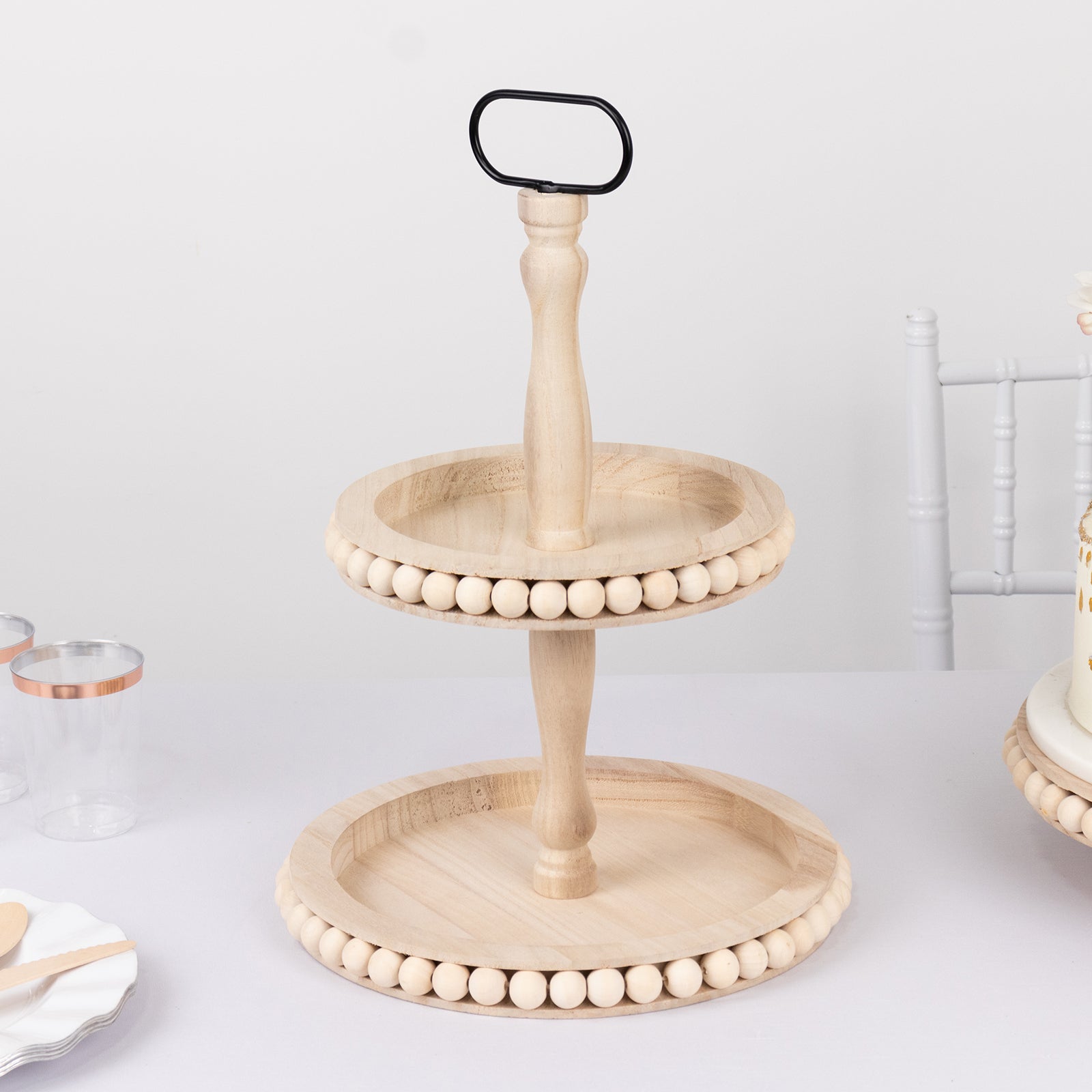 2-Tier Wooden Serving Tray Stand Beaded Design with Metal Handle Natural - Round Rustic Farmhouse Cupcake Display 17"