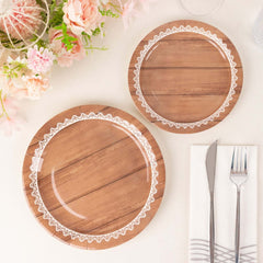 25-Pack Paper 9" Round Dinner Plates in Brown Wood Grain Print with White Floral Lace Rim - Disposable Party Plates for Rustic Farmhouse Style Events