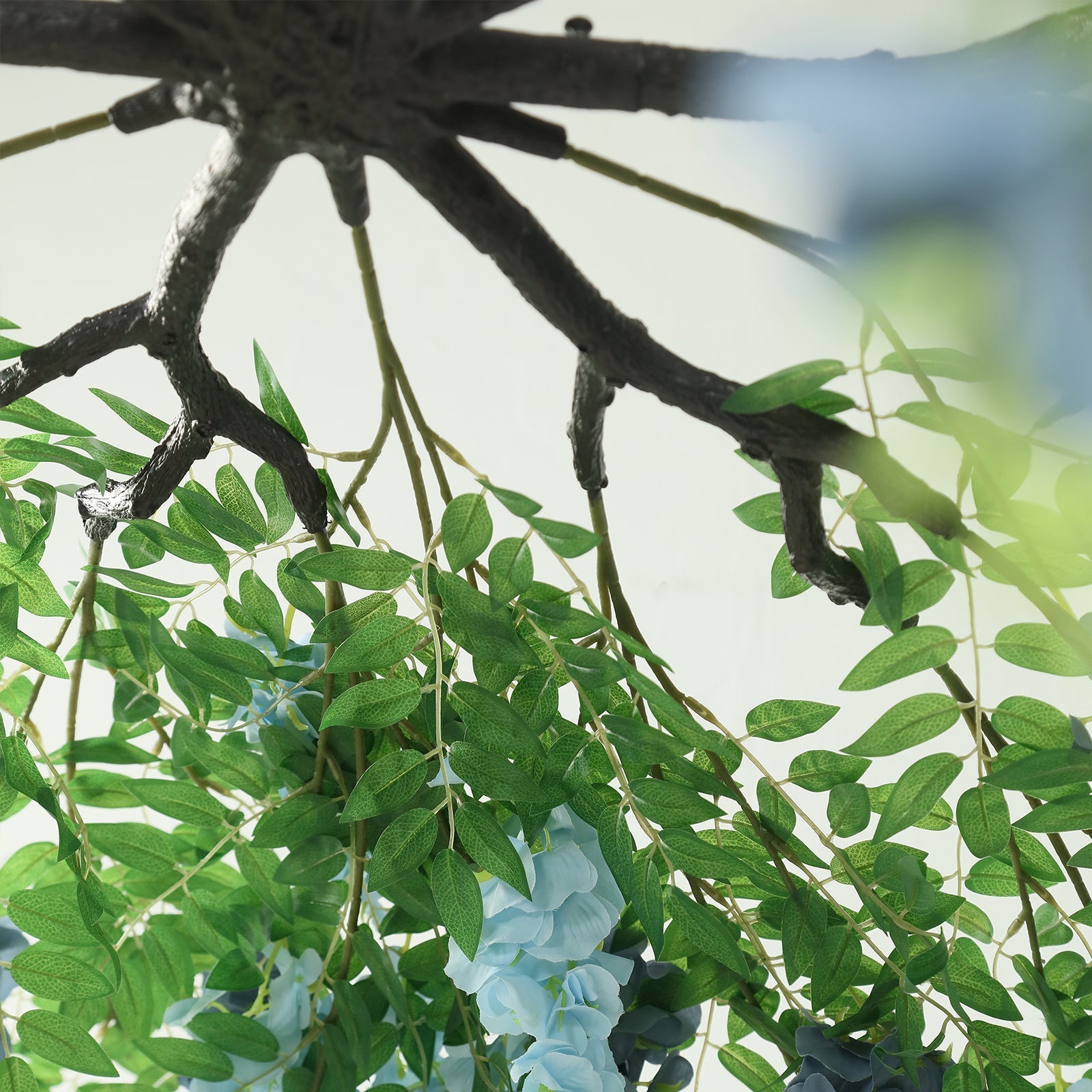 55" Artificial Silk Wisteria Vine Round Hanging Canopy in Dusty & Light Blue, Draping Garland Flower Chandelier With Interchangeable Branches