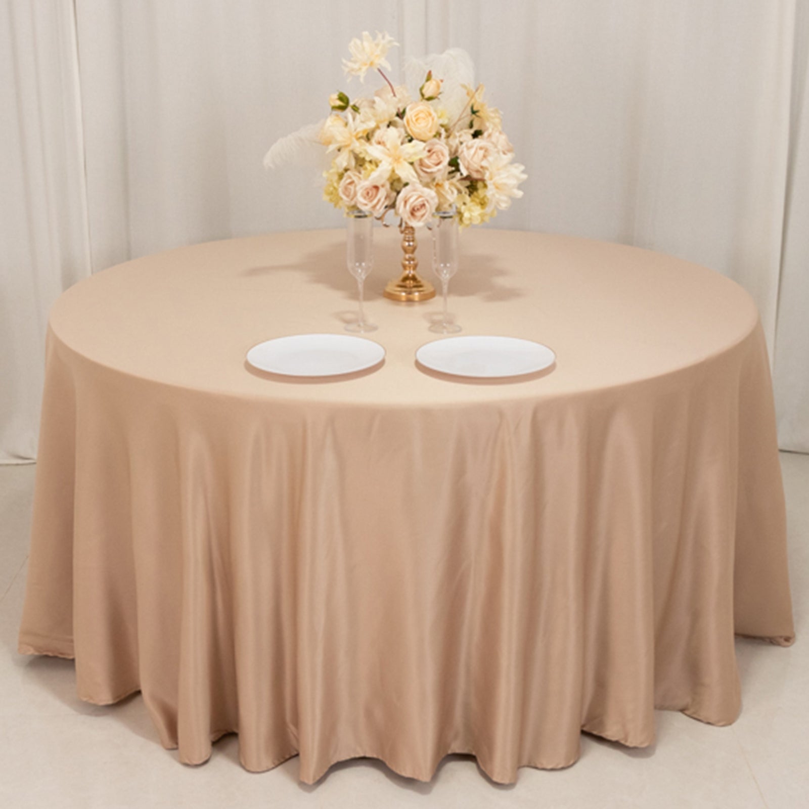 Lamour Satin 120" Round Tablecloth Nude - Seamless Table Cover with Soft Tempered Sheen