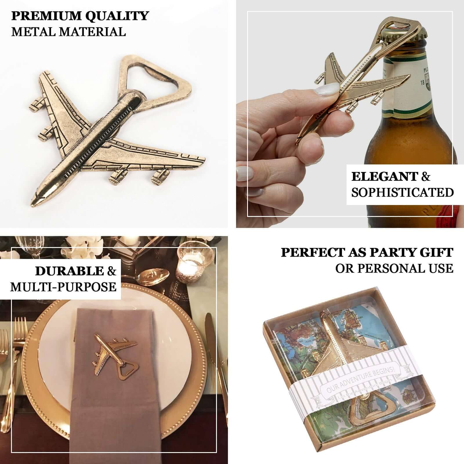 4" Antique Gold Metal Airplane Bottle Opener Vintage Party Favor Gift Box Pre-Packed